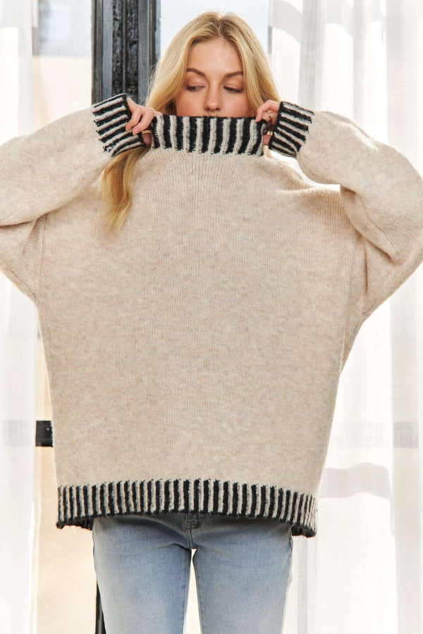 Mock Neck Loose Fit Sweater w/ Edge Detail
