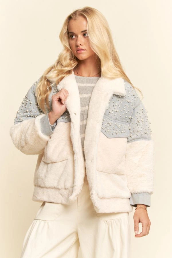 Pearl Studded Contrast Sherpa Jacket