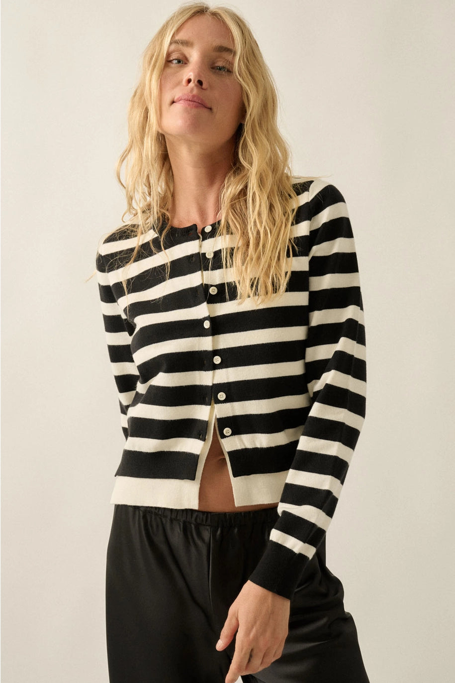 Striped Knit Round-Neck Button-Front Layered Cardigan