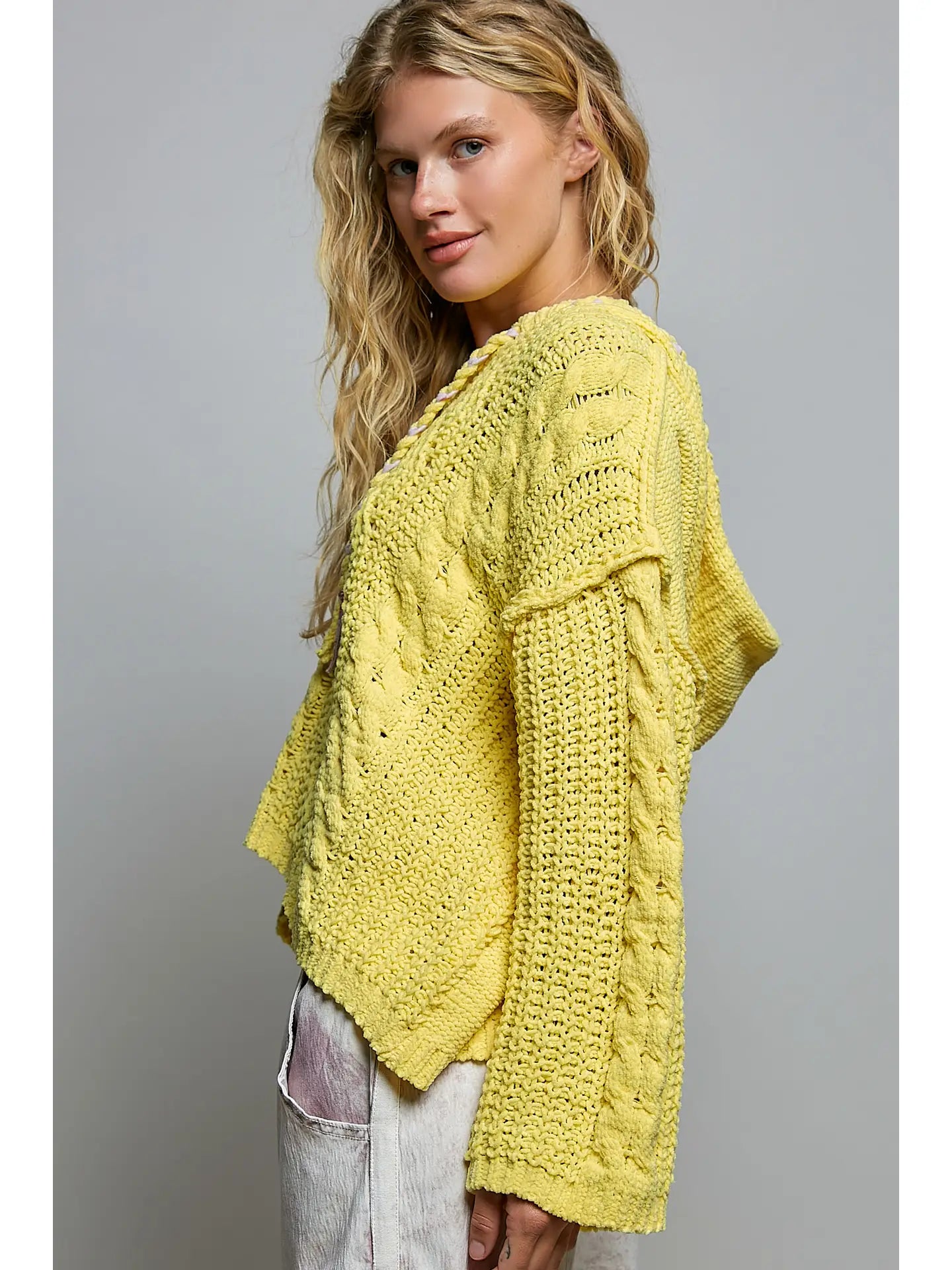 Oversize Fit V-Neck Hooded Cable Knit Chenille Sweater