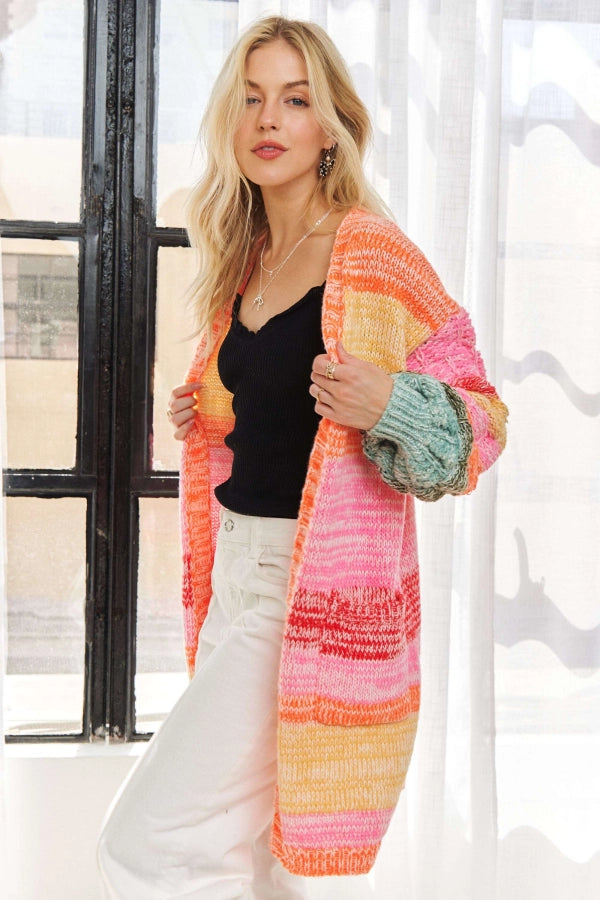 Long Puff Sleeve Multi Color Stripe Sweater Cardigan