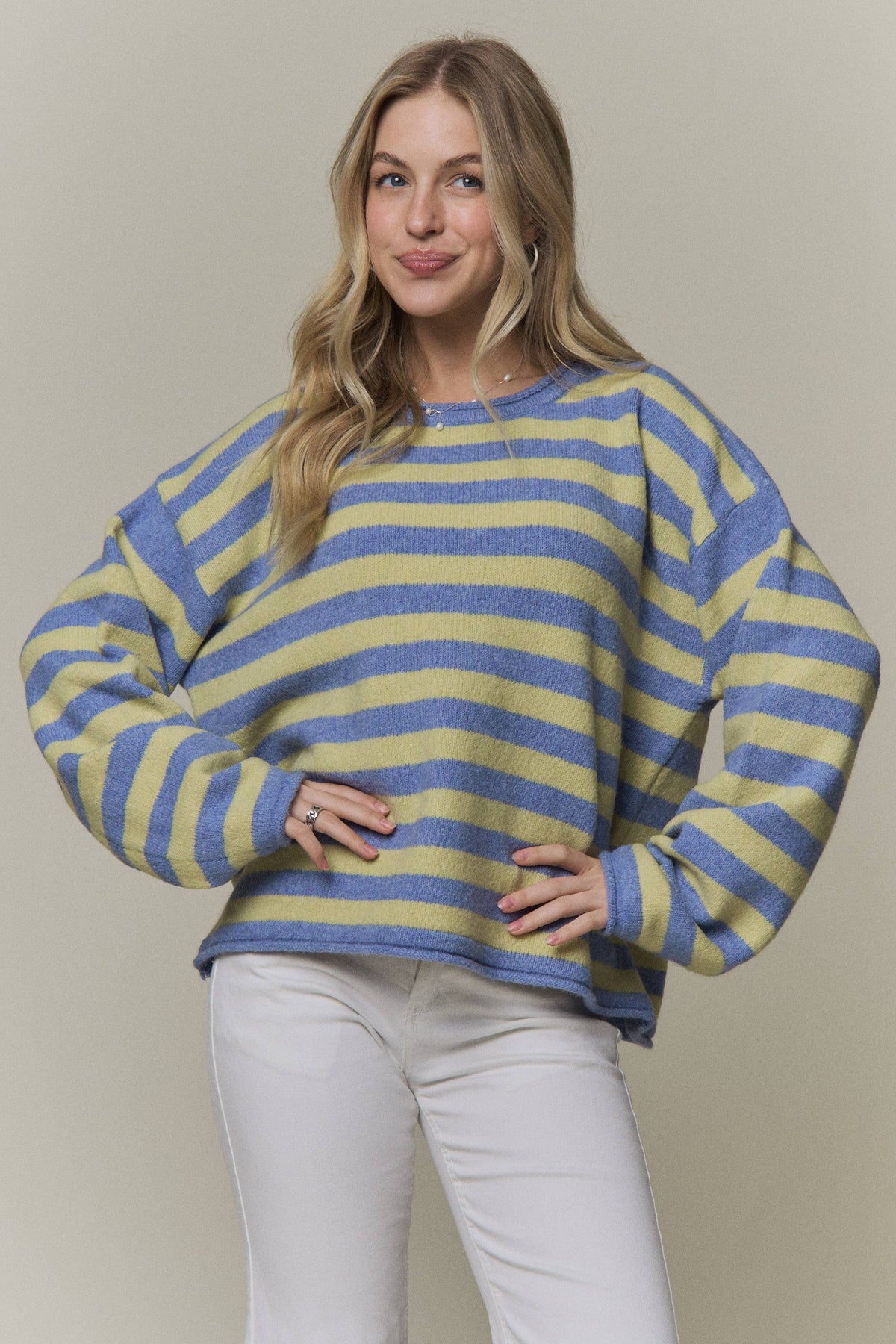 Striped Rolled Hem Crew Neck Knit Sweater