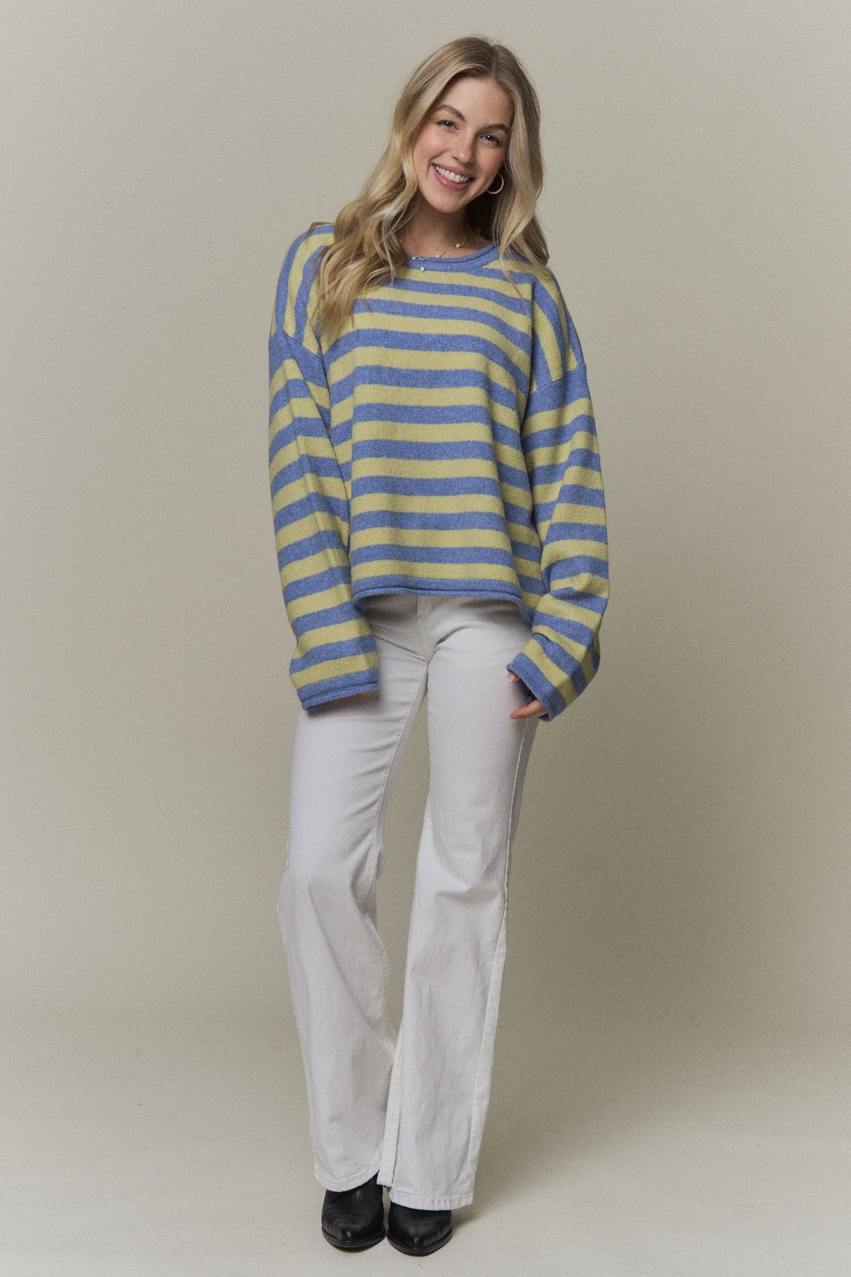 Striped Rolled Hem Crew Neck Knit Sweater