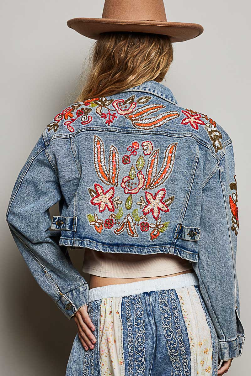 Beaded Embroidered Waist Tab Denim Jacket
