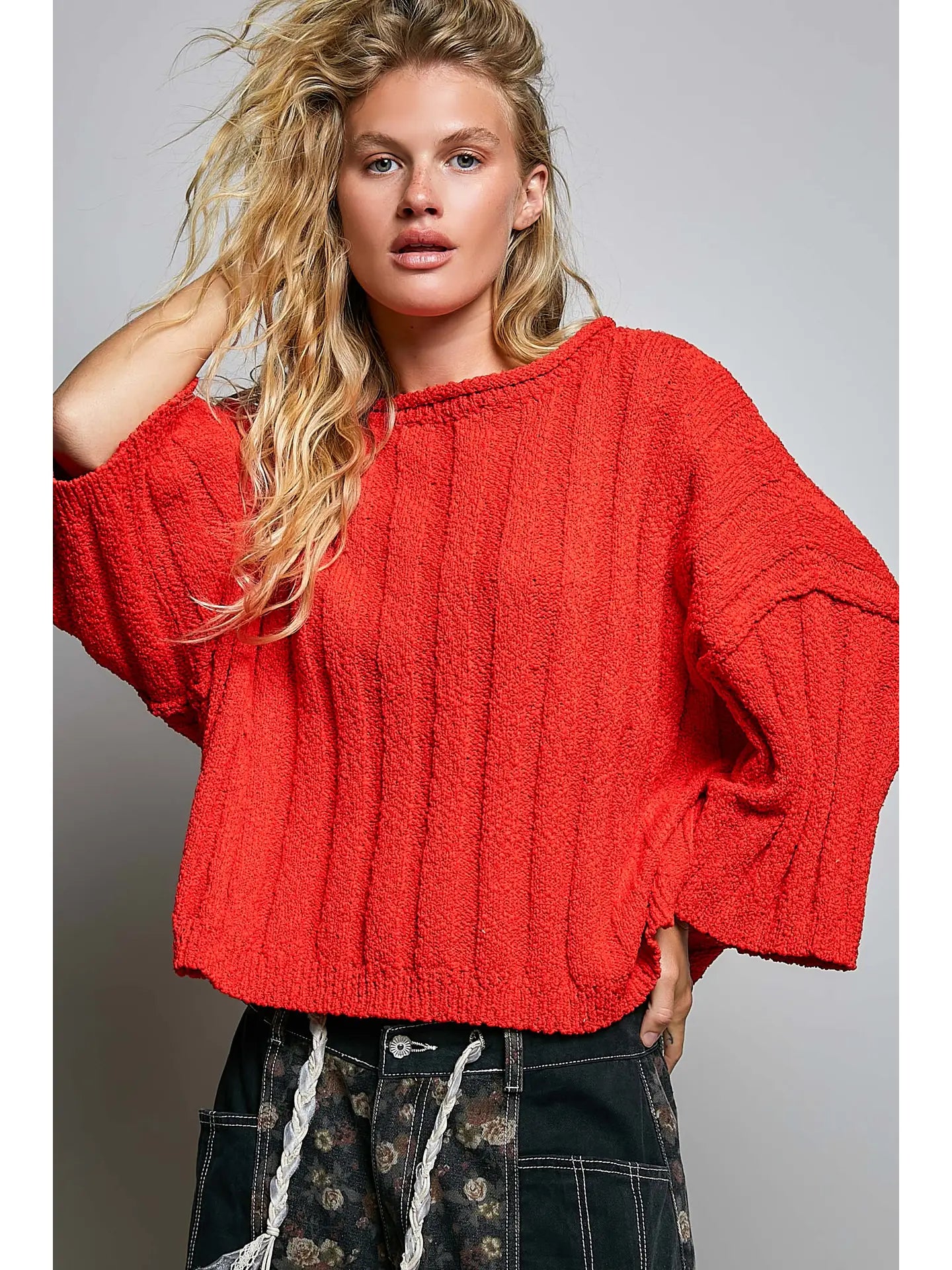 Oversized Soft Textured Sweater Solid Ribbed Knit Top