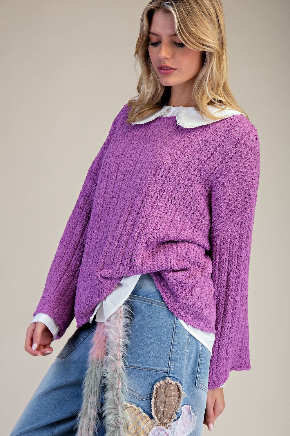3/4 Sleeves Loose Fit Knitted Sweater