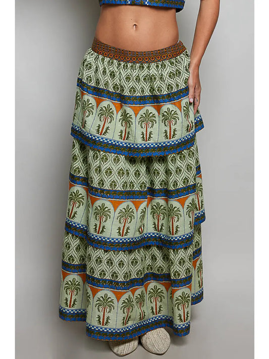 Palm Border Geometric Print Tiered Maxi Skirt