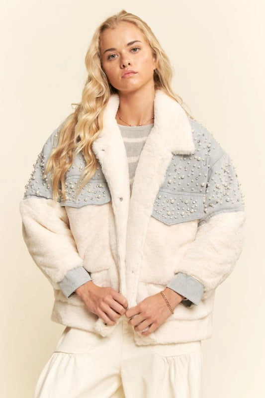Pearl Studded Contrast Sherpa Jacket