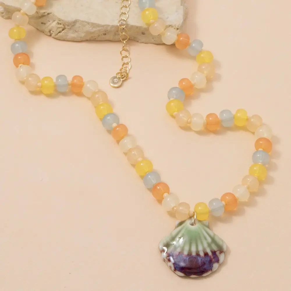 Ceramic Sea Shell Pendant Colorful Beaded Necklace