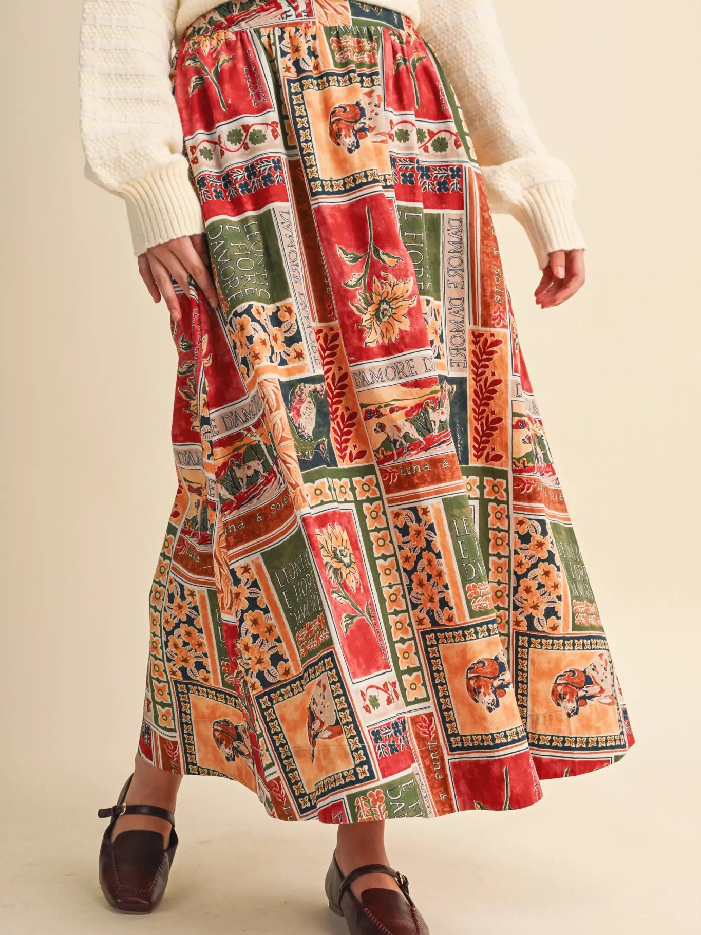 Exclusive Patch Print A-Line Midi Skirt