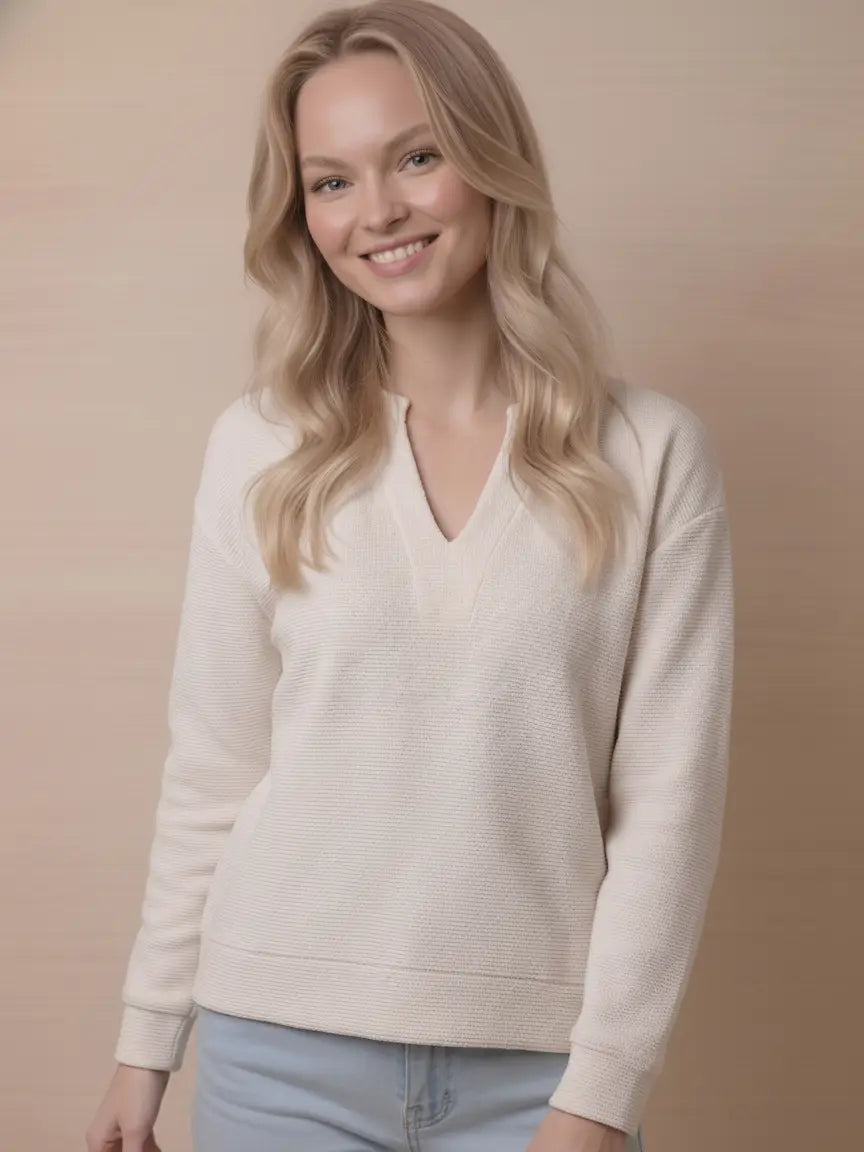 Cloudy Knit Round Neck with V Cut Long Sleeve Top