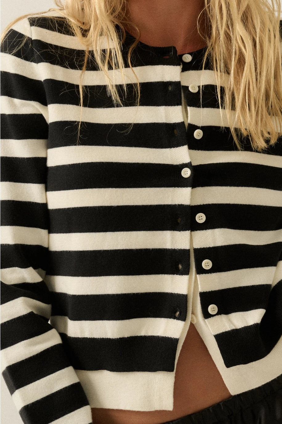 Striped Knit Round-Neck Button-Front Layered Cardigan
