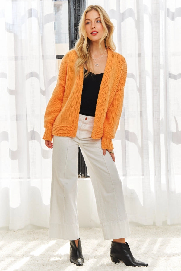 Drop Shoulder Comfy Sweater Cardigan w/ Hemline Accent