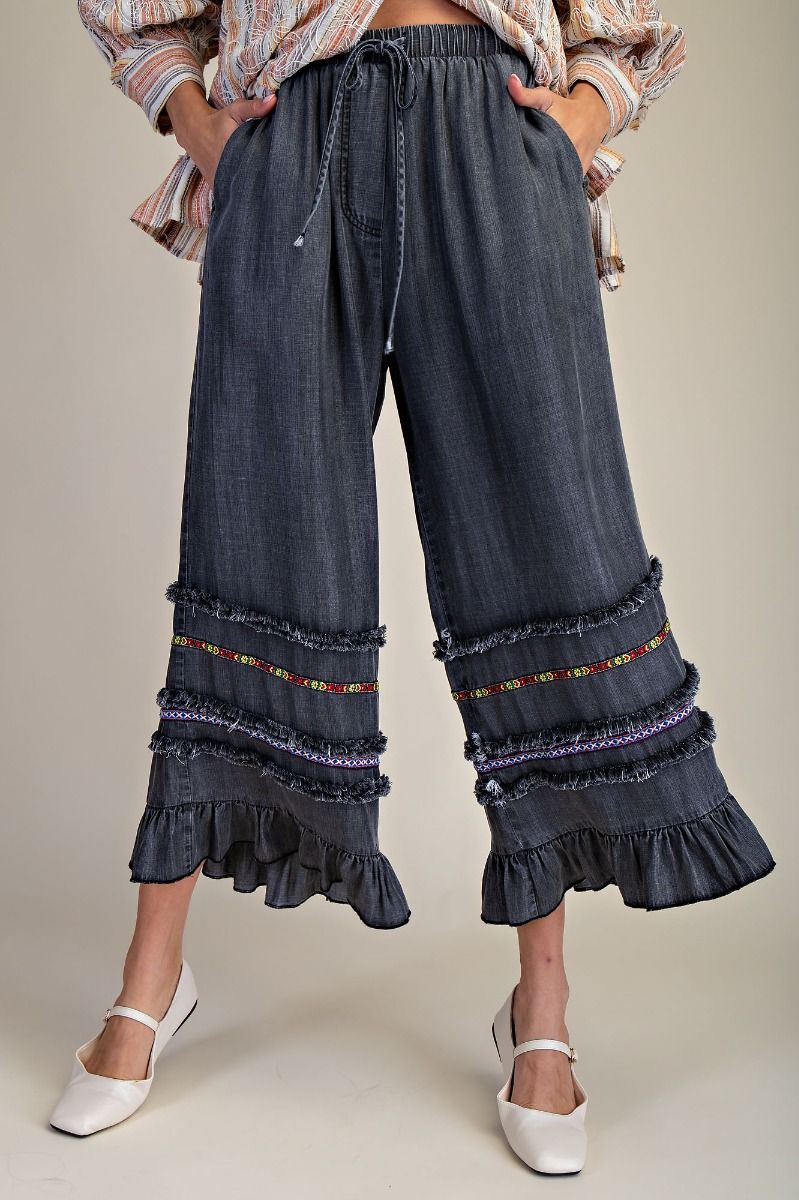 Ruffle Bottom Stone Washed Chambray Pants