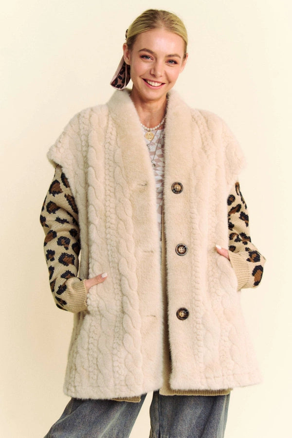 Single Breasted Button Down Fuzzy Fur Vest Jacket