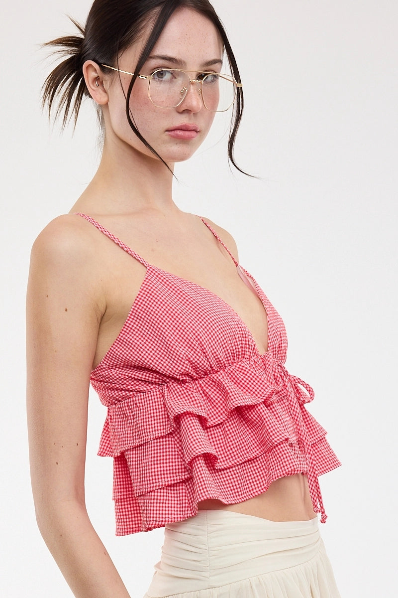 Gingham Sweetheart Sleeveless Ruffle Crop Top