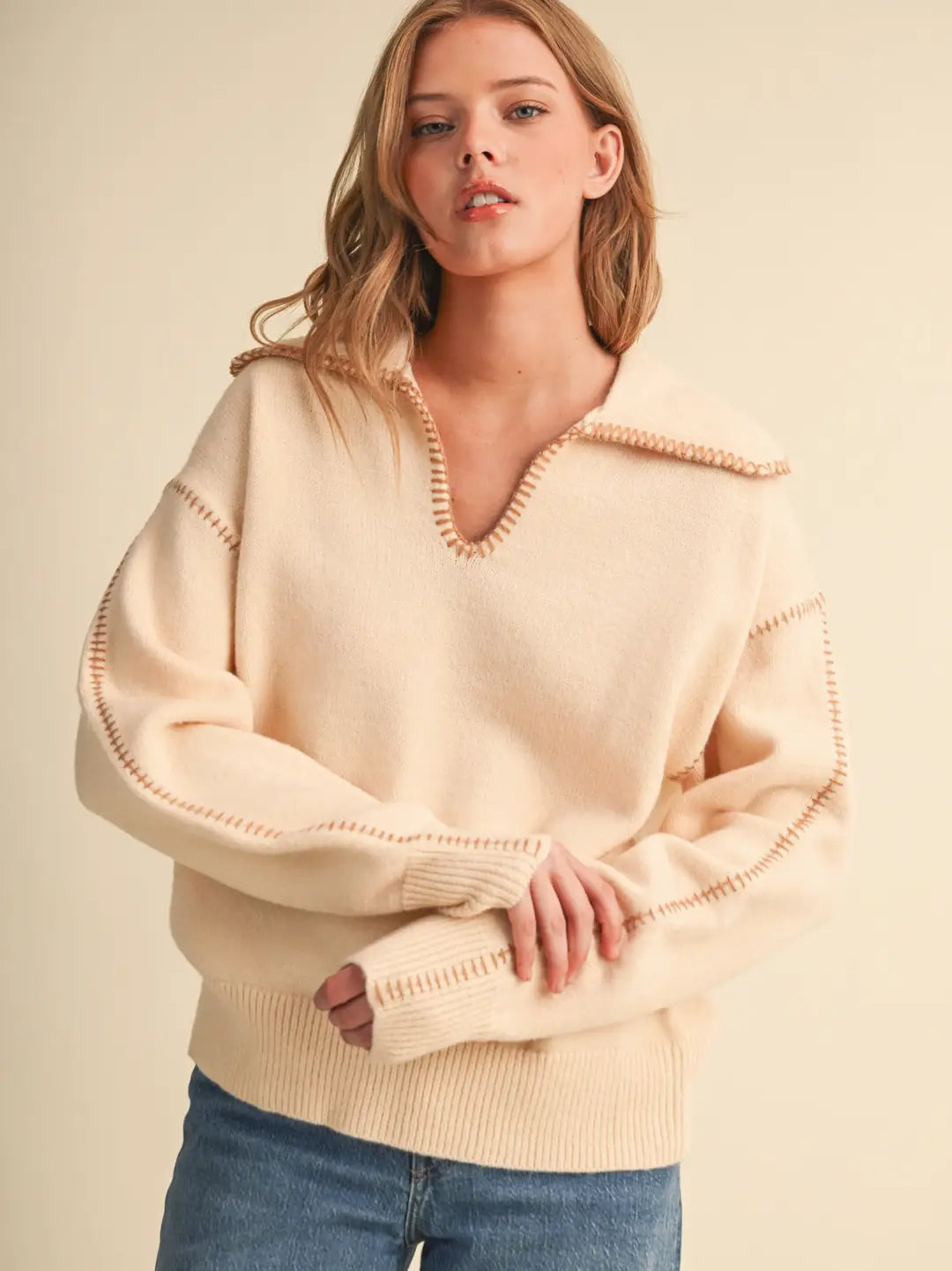 Contrast Blanket Stitch Collared Sweater