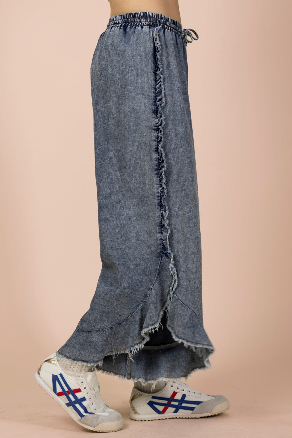 Ruffle Frayed Hem Washed Chambray Pants