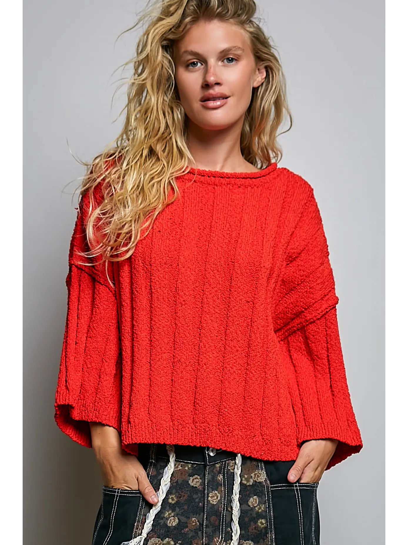 Oversized Soft Textured Sweater Solid Ribbed Knit Top