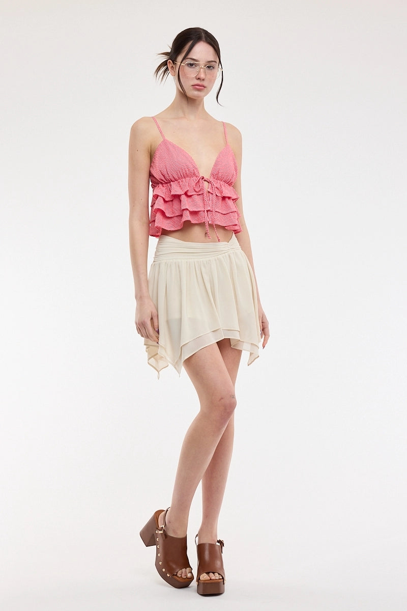 Gingham Sweetheart Sleeveless Ruffle Crop Top