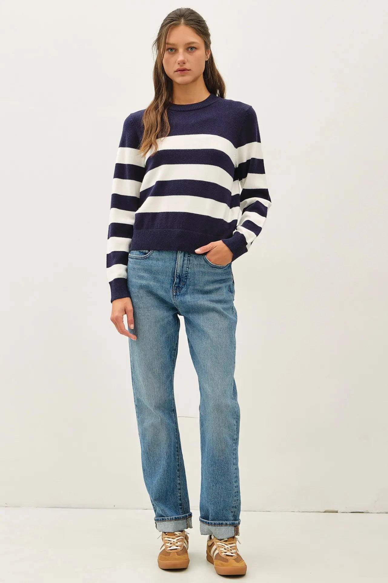 Cropped Long Sleeve Large Stripe Sweater