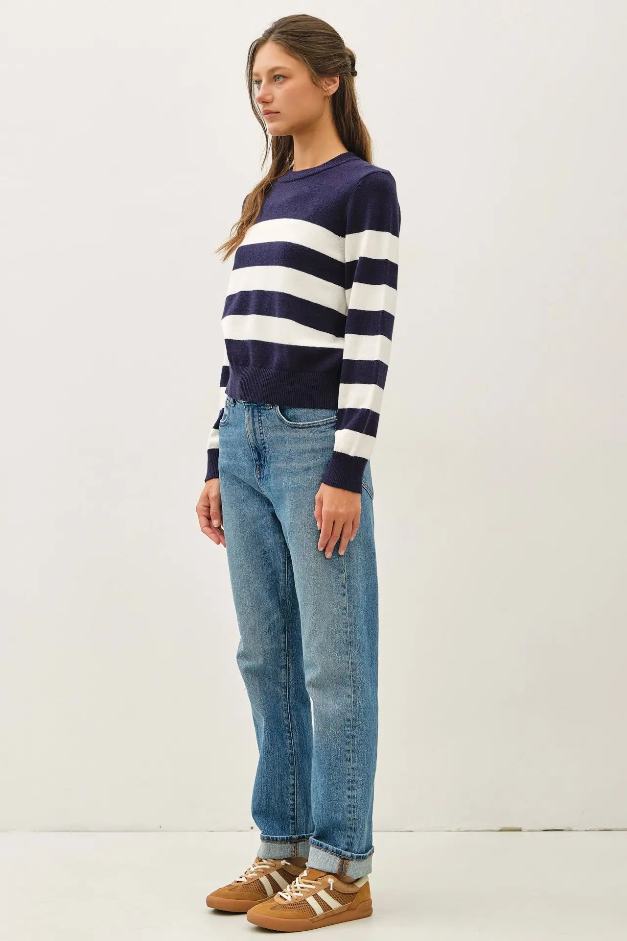 Cropped Long Sleeve Large Stripe Sweater