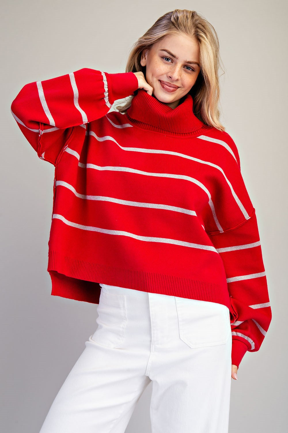 Striped Turtle Neck High-Low Sweater