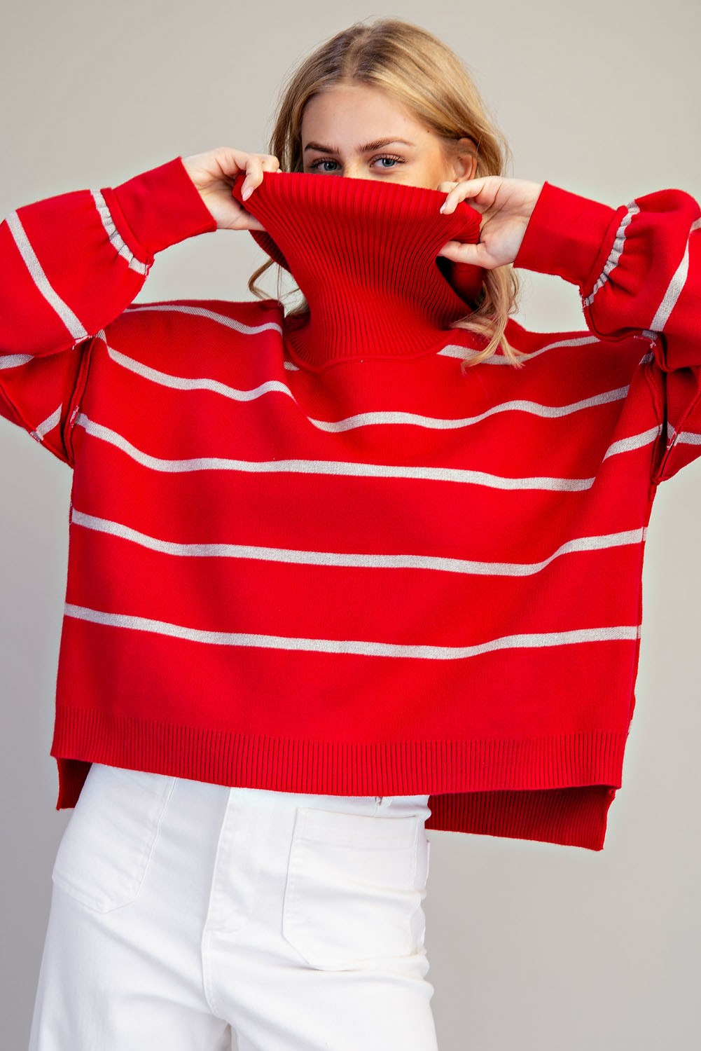 Striped Turtle Neck High-Low Sweater