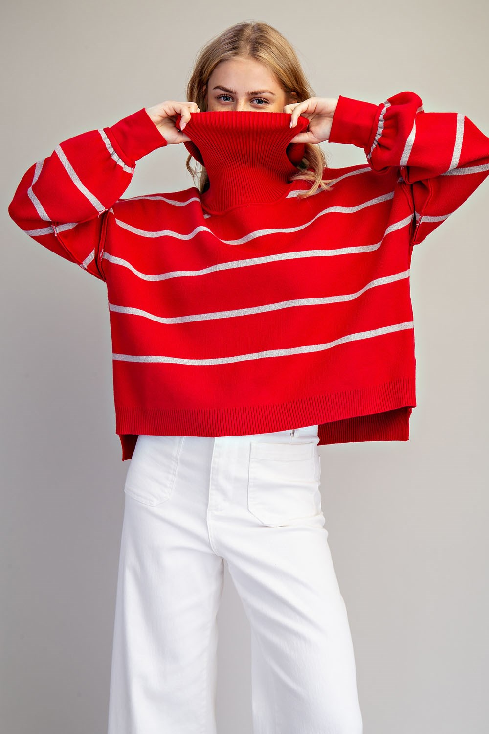 Striped Turtle Neck High-Low Sweater