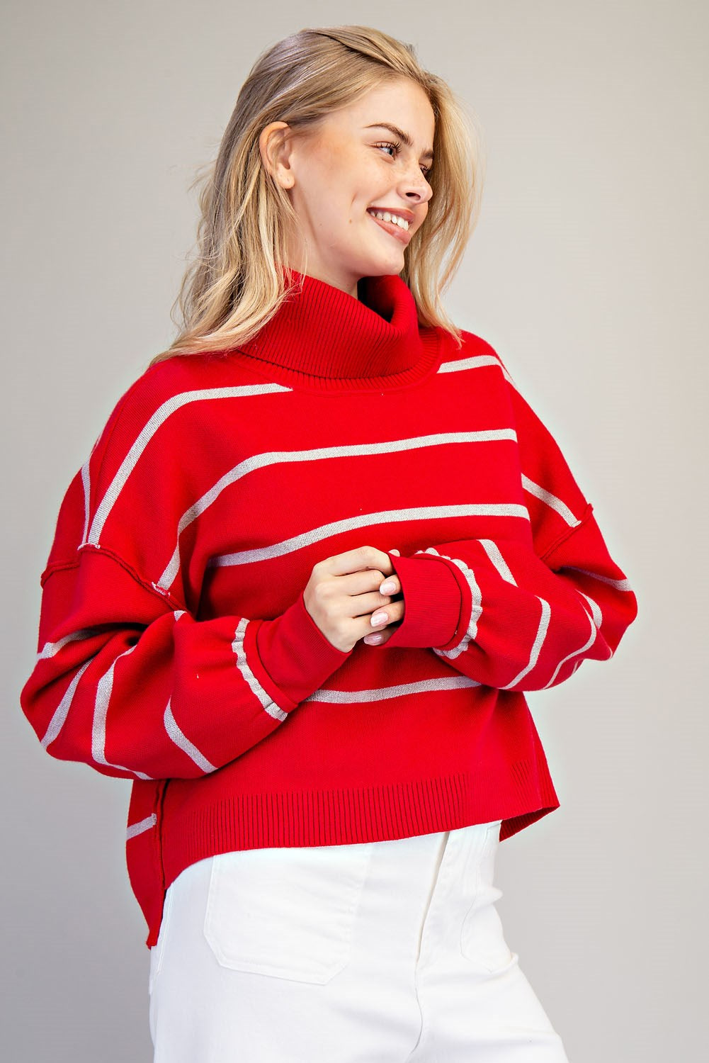 Striped Turtle Neck High-Low Sweater
