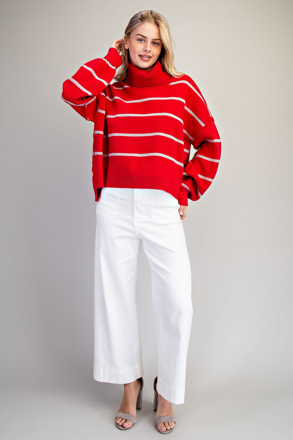 Striped Turtle Neck High-Low Sweater