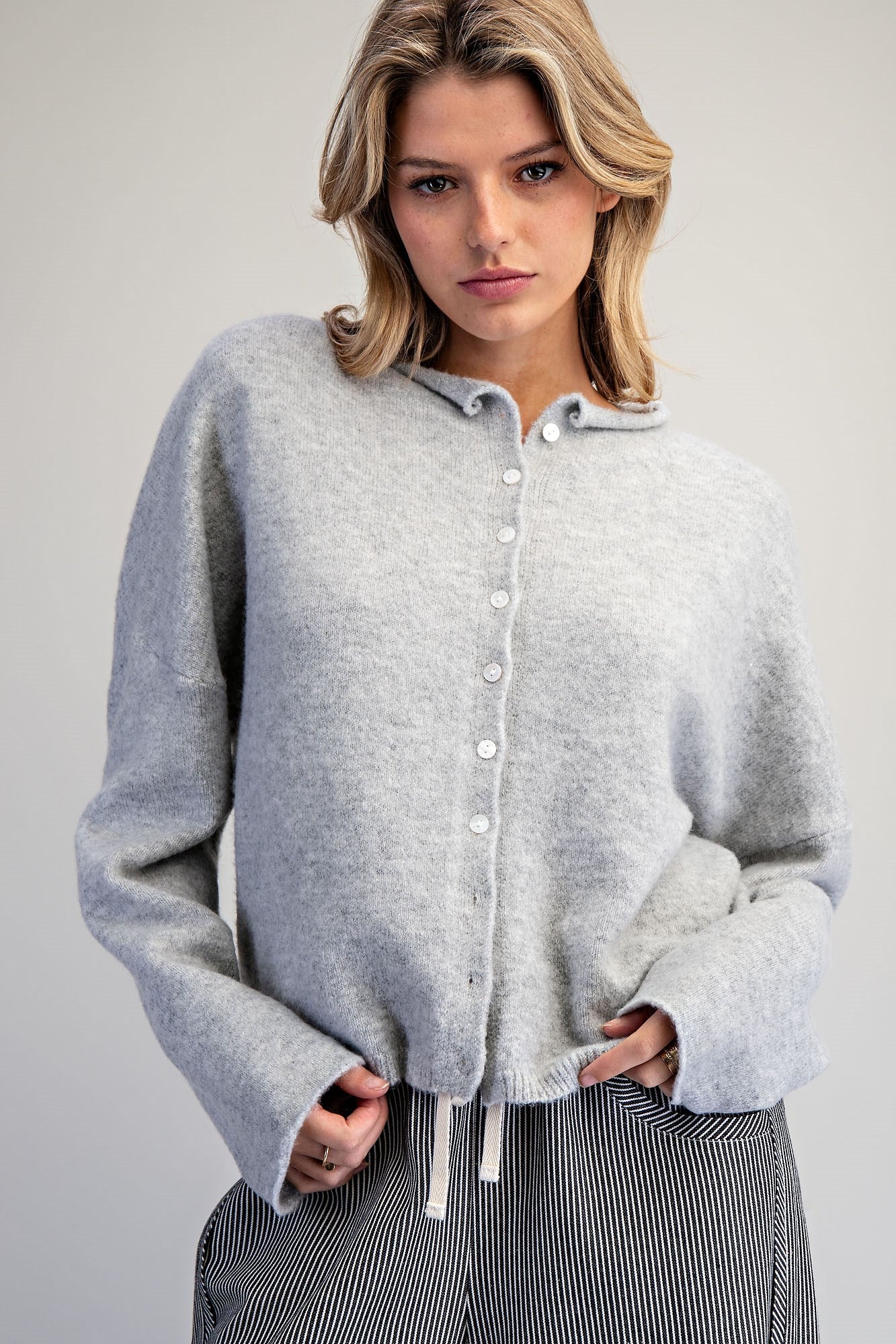 Solid Button Down Long Sleeve Cardigan