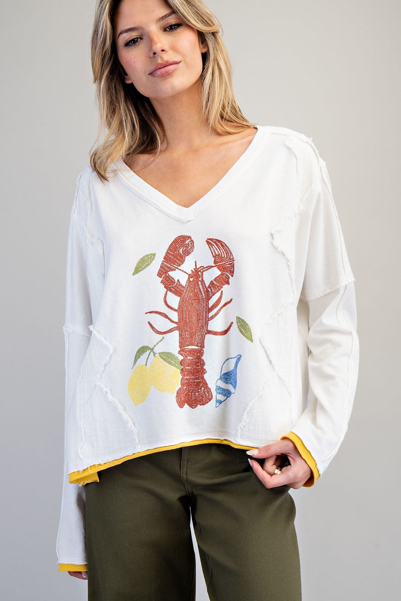 Soft Washed Lobster Graphic Raw Edge Top