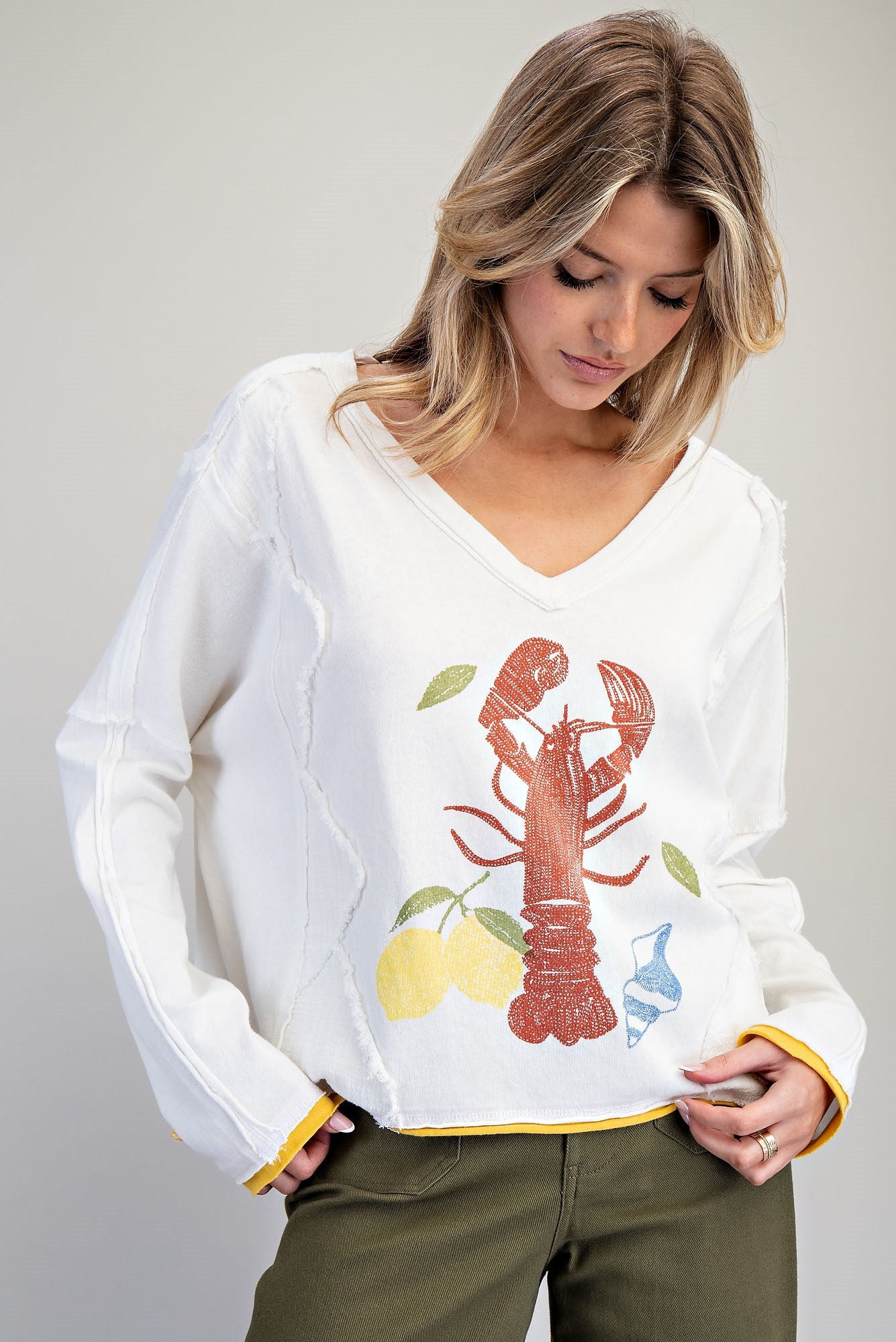 Soft Washed Lobster Graphic Raw Edge Top