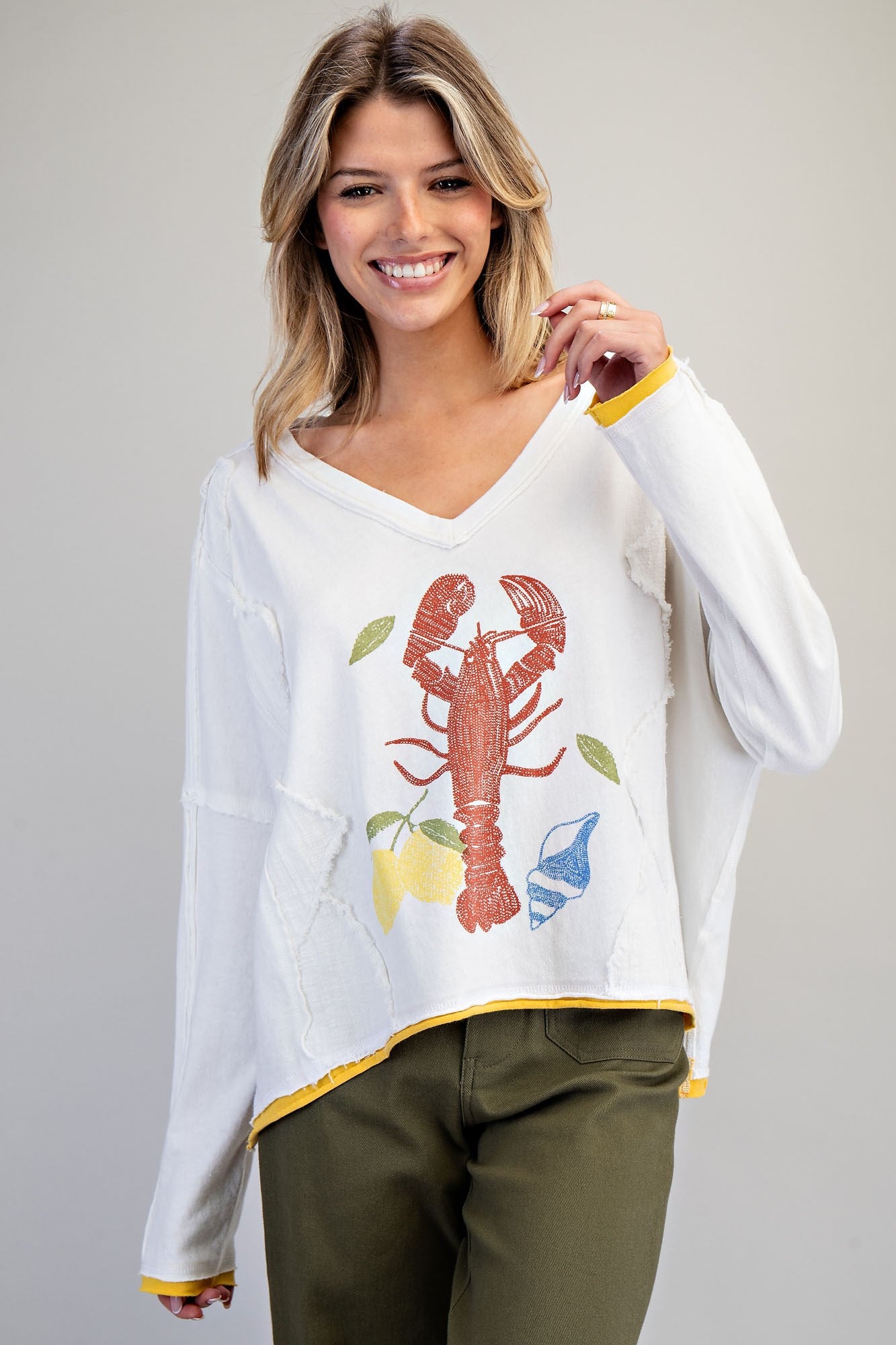 Soft Washed Lobster Graphic Raw Edge Top