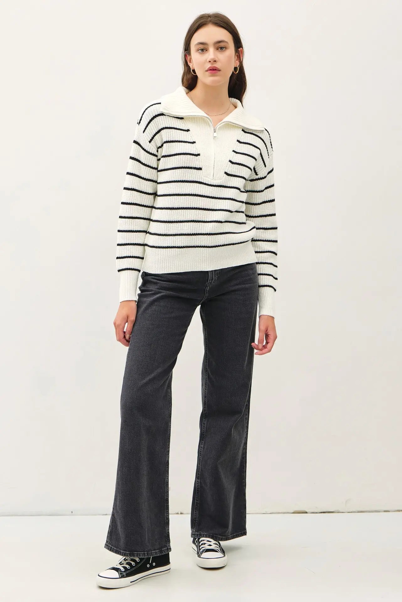 Spread Collar Half Zip Striped Sweater