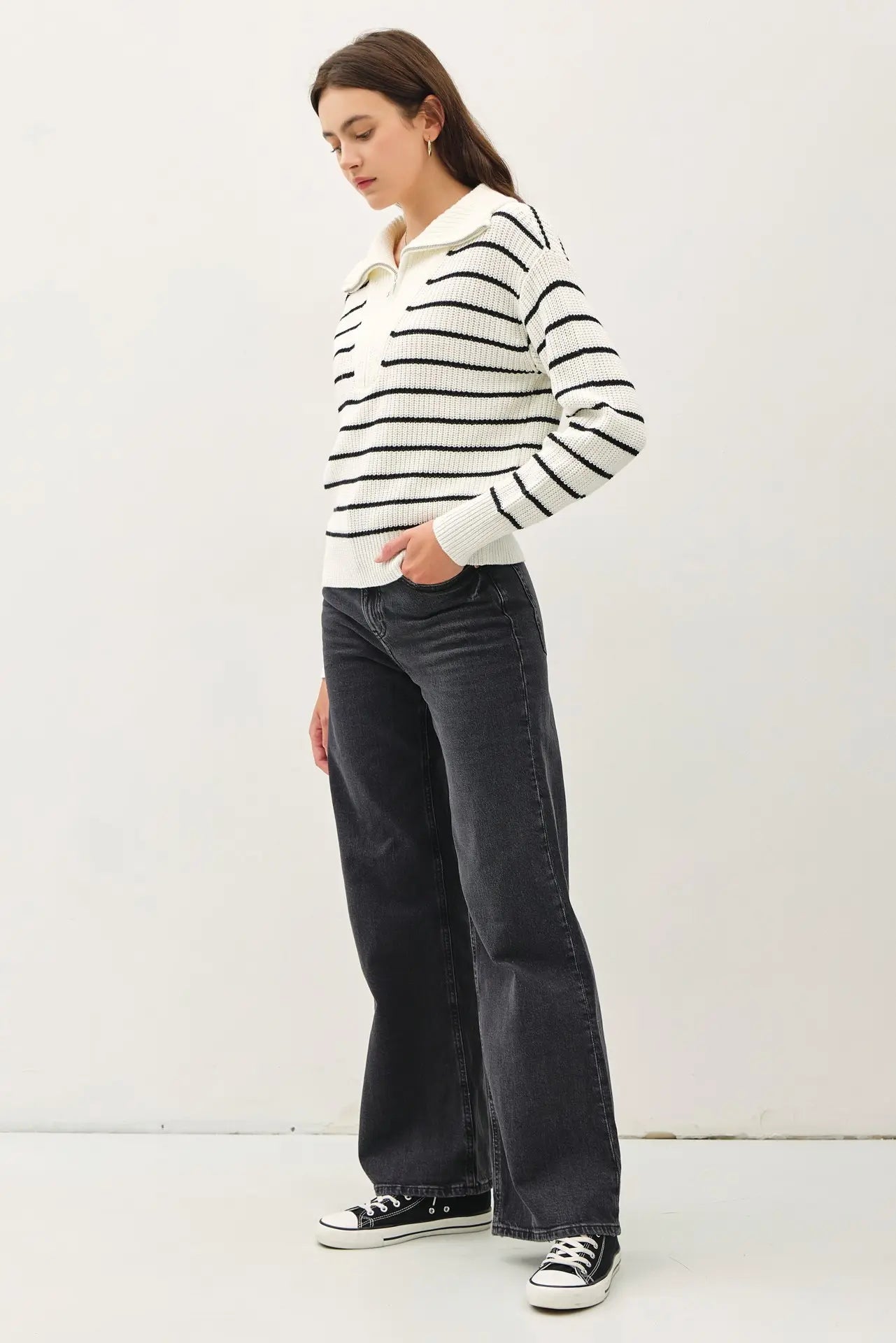 Spread Collar Half Zip Striped Sweater