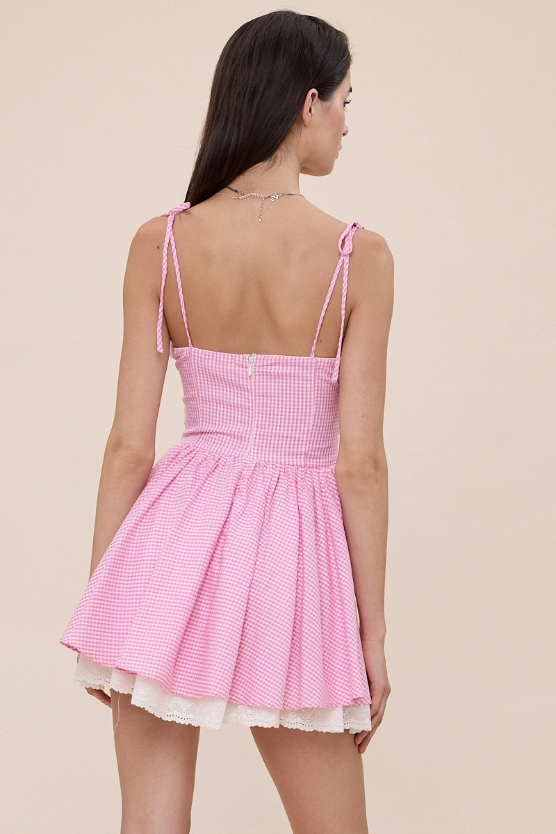 Lovely Plaid Tie Strap Lace Fit & Flare Mini Dress