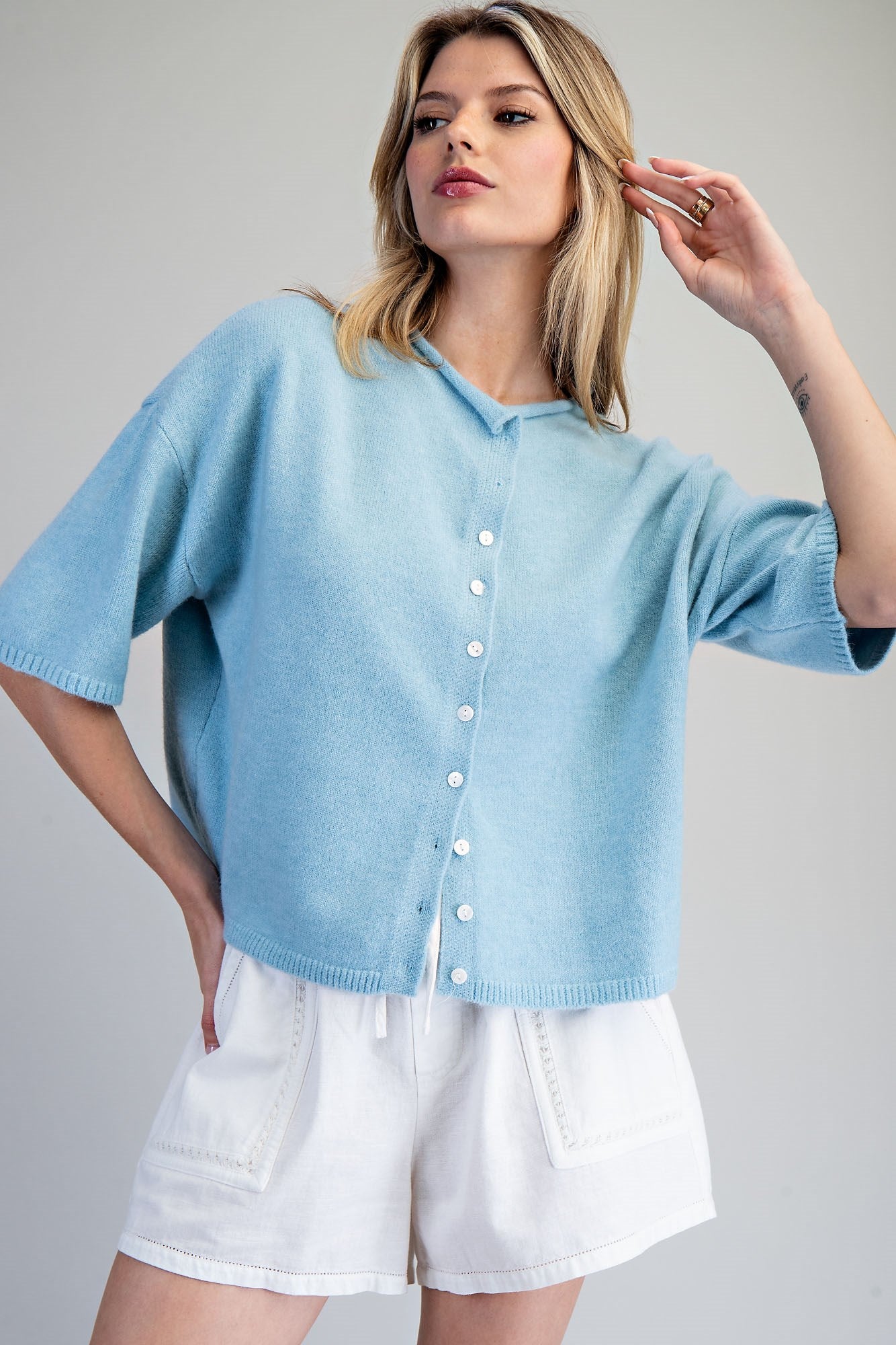 Solid Button Down Half Sleeve Cardigan