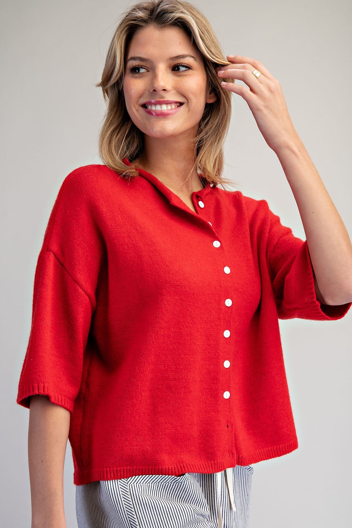 Solid Button Down Half Sleeve Cardigan