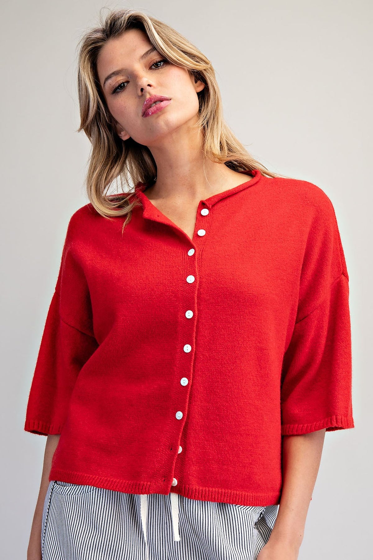 Solid Button Down Half Sleeve Cardigan