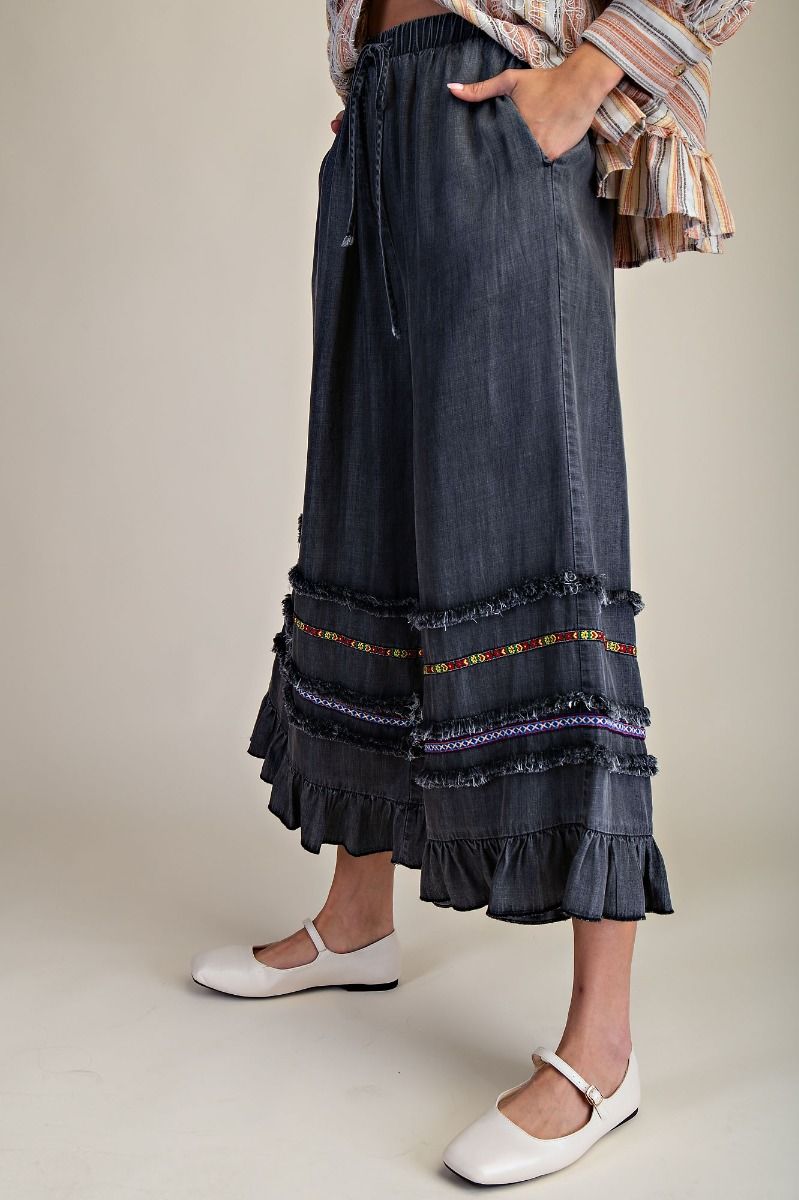 Ruffle Bottom Stone Washed Chambray Pants