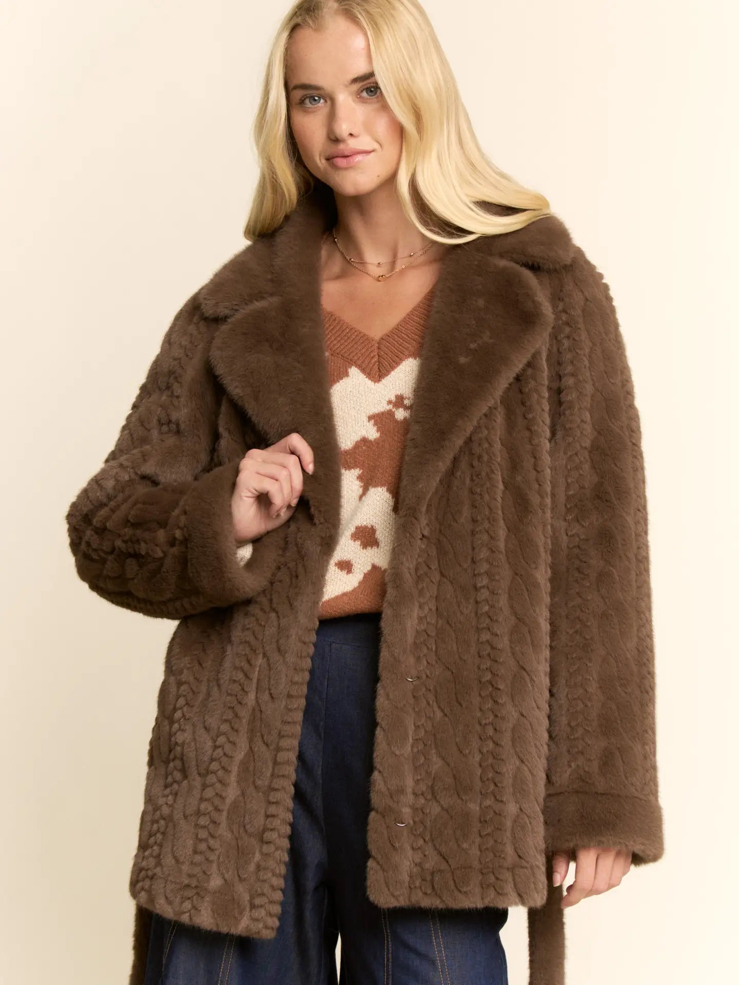 Cable-Textured Faux Fur Belted Coat