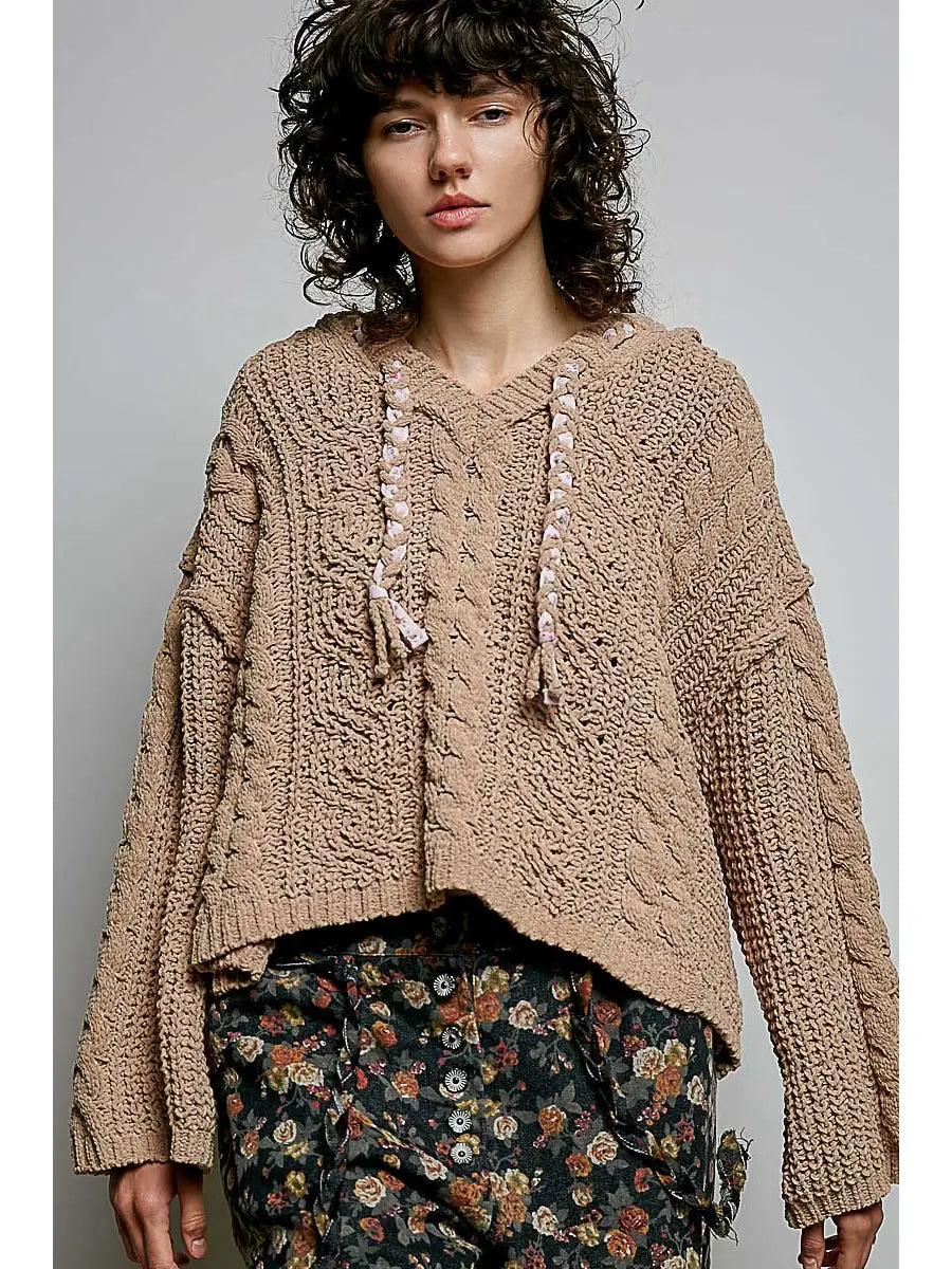 Oversize Fit V-Neck Hooded Cable Knit Chenille Sweater