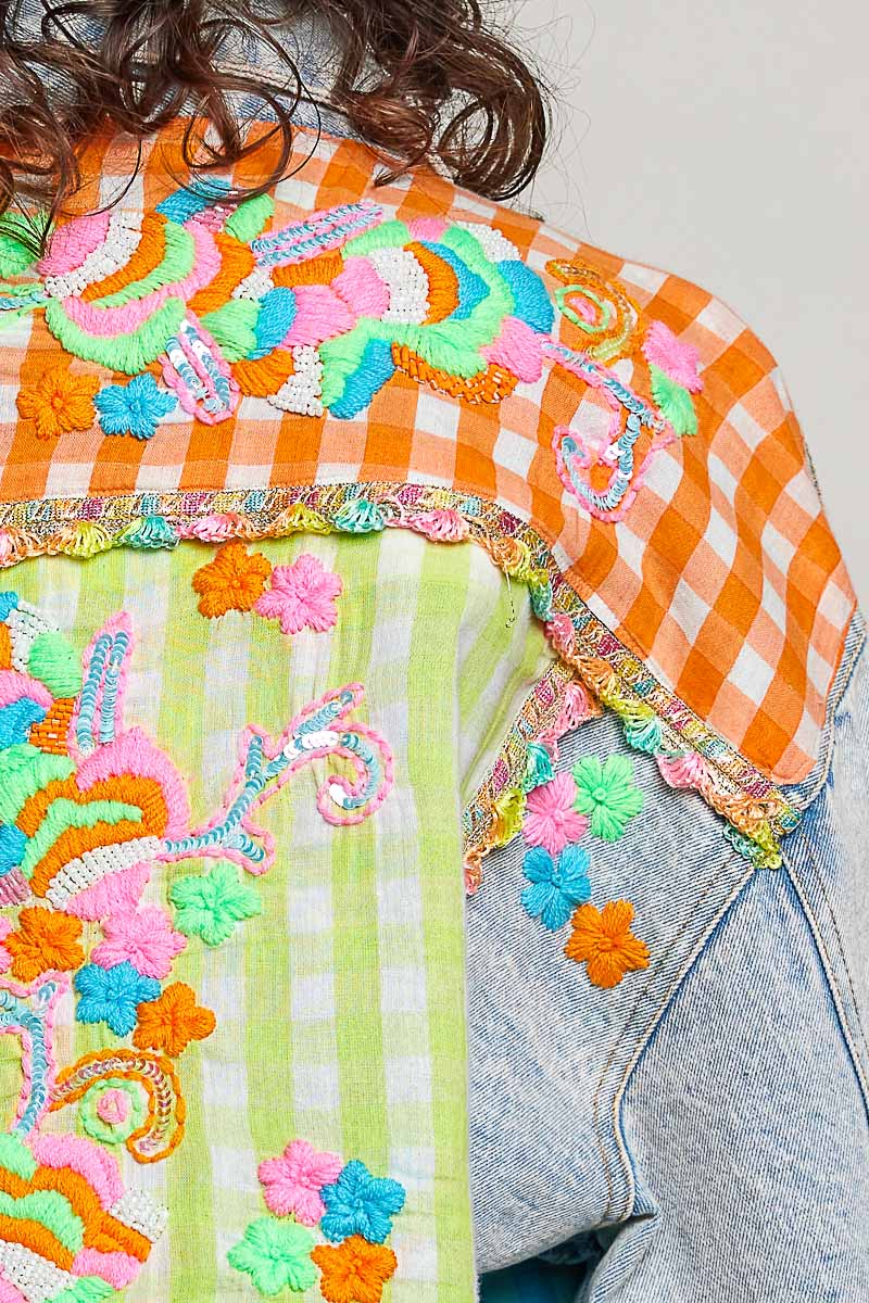 Plaid Contrast Embroidery Denim Jacket