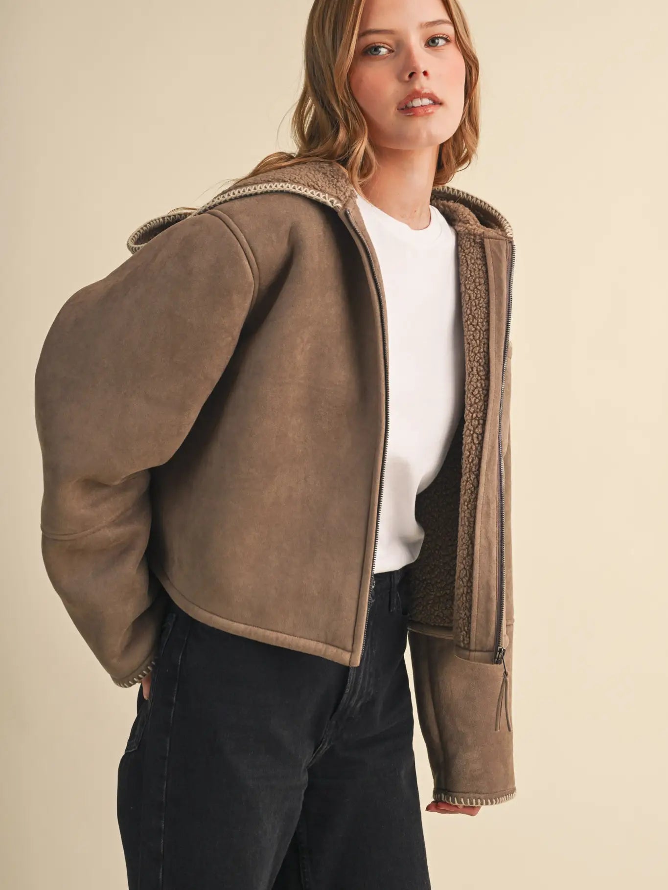 Suede Faux Sherpa Hooded Jacket with Contrast Blanket Stitch