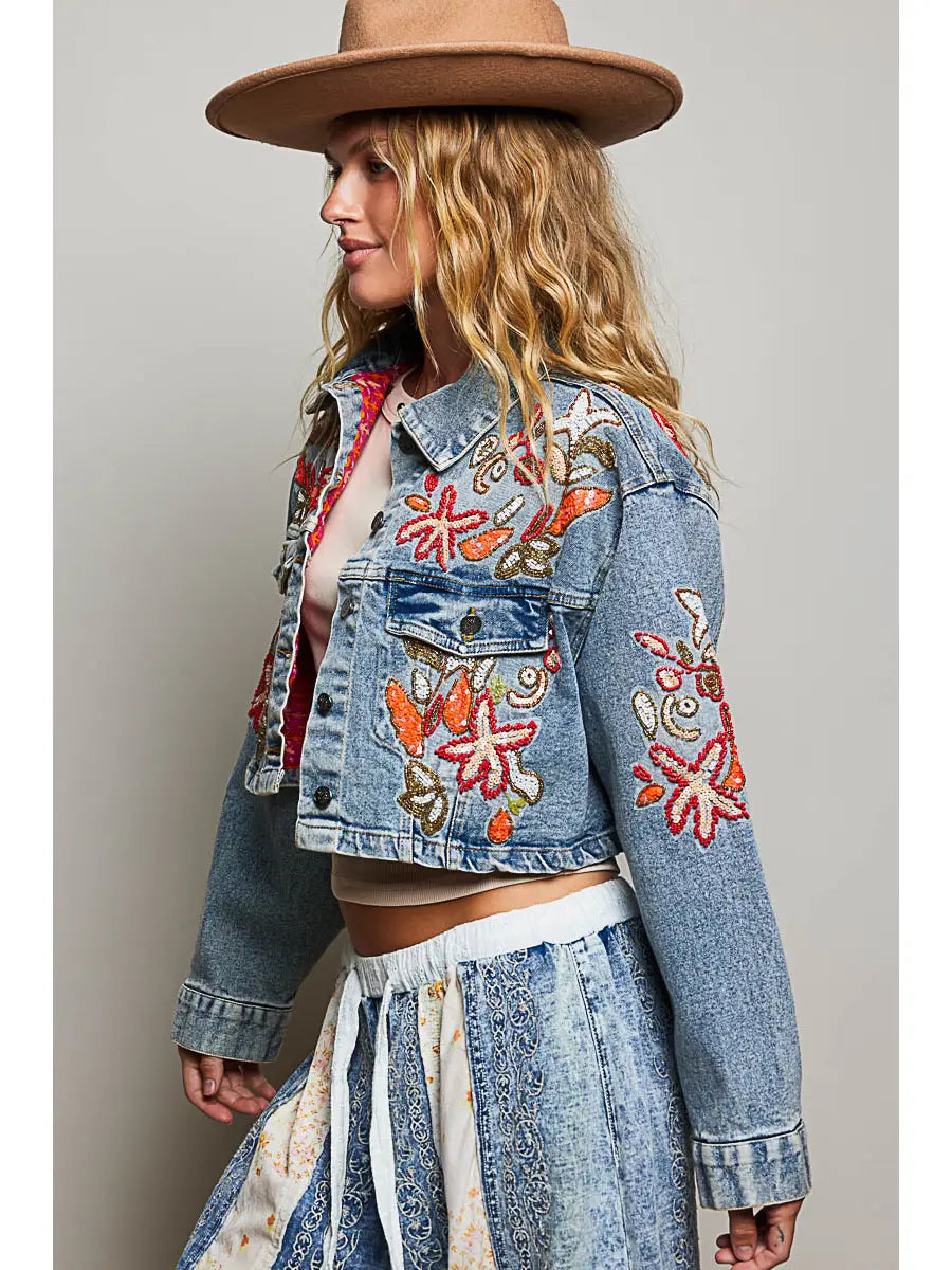 Beaded Embroidered Waist Tab Denim Jacket