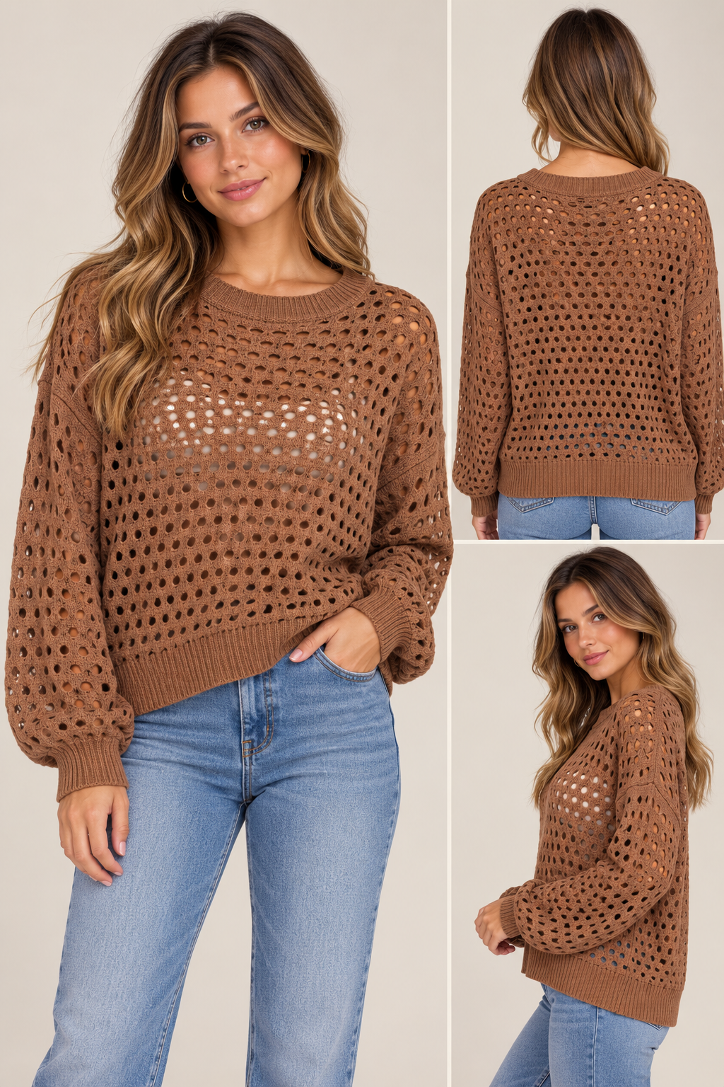 Open Knit Crochet Pullover Sweater