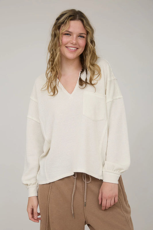 SOLID PATCHWORK SPLIT NECK KNIT TOP