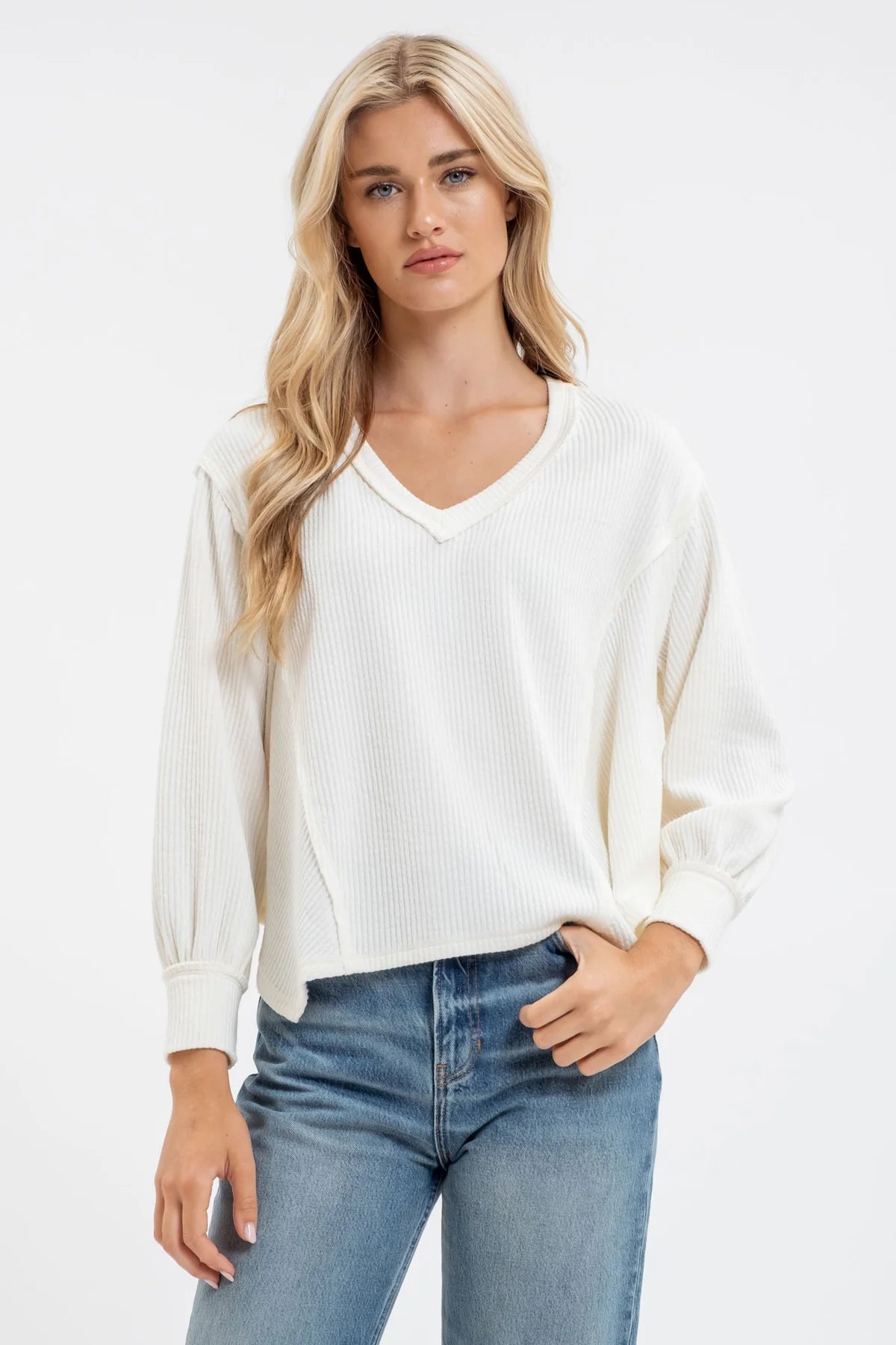 V-Neck Asymmetrical Hem Long Sleeve Knit Top